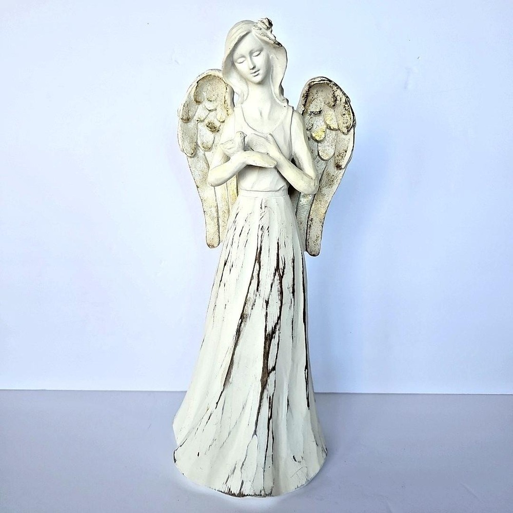 Vtg Style Cream‎ Gold Angel Figurine Holding Bird Distressed Shabby Chic Decor